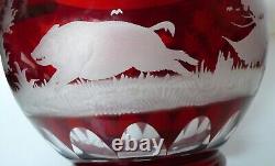 Bohemian Czech Ruby Red Cut To Clear Covered Punch Bowl 12 Cups Wild Game /Birds