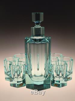 Bohemian Czech Turquoise Beryl Cut Glass Liqueur Set Decanter Carafe by Moser