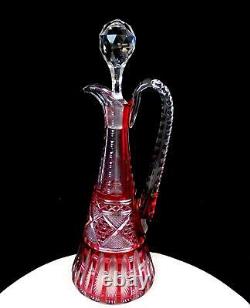Bohemian Czech Vintage Crystal Cut Cranberry Glass Large 14 Ewer Decanter