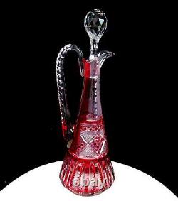 Bohemian Czech Vintage Crystal Cut Cranberry Glass Large 14 Ewer Decanter