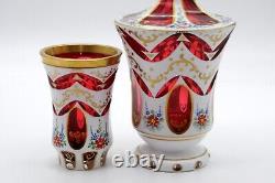 Bohemian Czech White Enameled Overlay Cut to Cranberry Decanter with Stopper & Cup