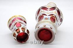 Bohemian Czech White Enameled Overlay Cut to Cranberry Decanter with Stopper & Cup