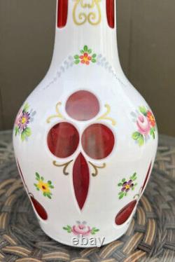 Bohemian Czech White Glass Overlay Cut to Cranberry Decanter Beautiful Barware