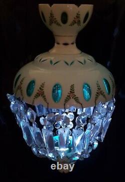 Bohemian Czech White Glass Overlay Cut to Enamel Green Hanging Lamp w Prisms
