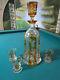 Bohemian Czech Yellow Facet Cut To Clear Decanter & 3 Glass Intaglio Moser Style