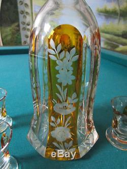 Bohemian Czech Yellow Facet Cut to Clear Decanter & 3 glass Intaglio Moser Style