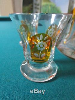 Bohemian Czech Yellow Facet Cut to Clear Decanter & 3 glass Intaglio Moser Style