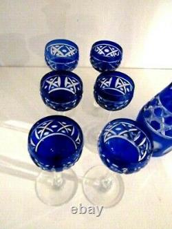 Bohemian Dark Cobalt Blue Cut to Clear Decanter and 6 Shot Glasses