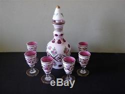 Bohemian Glass White Cut to Cranberry Decanter & 6 Cordial Stems