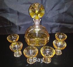 Bohemian Glass YELLOW GOLD cut to clear Crystal 8pc DECANTER SET Antique Barware
