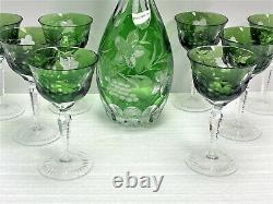 Bohemian Green Crystal Cut to Clear Decanter / Wine Hock Glasses AJKA Marsala 53