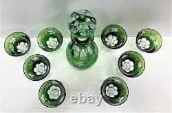 Bohemian Green Crystal Cut to Clear Decanter / Wine Hock Glasses AJKA Marsala 53