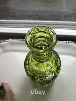 Bohemian Lime Green Cut To Clear Decanter Stopper Diamond Oval Bar Mid Century