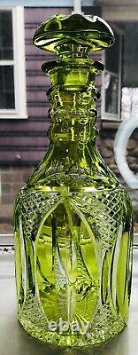 Bohemian Lime Green Cut To Clear Decanter Stopper Diamond Oval Bar Mid Century