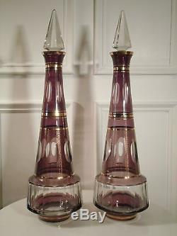 Bohemian MOSER style Facet Panel cut Gilded Amethyst Decanters 22 Tall