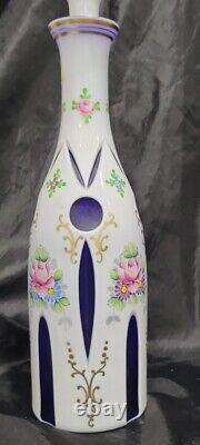 Bohemian Moser Carlsbad White Cased Cut to Cobalt Blue Glass HP Decanter Signed