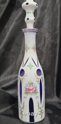 Bohemian Moser Carlsbad White Cased Cut to Cobalt Blue Glass HP Decanter Signed