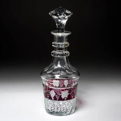 Bohemian Red Ruby Flashed Grape Vine Etched Cut Glass Decanters 2pc Pair Antique