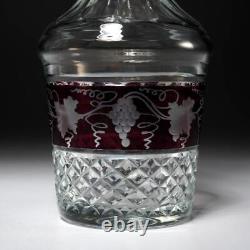 Bohemian Red Ruby Flashed Grape Vine Etched Cut Glass Decanters 2pc Pair Antique