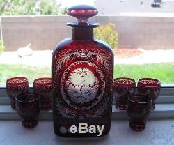 Bohemian Ruby Cut to Clear Exquisite Decanter and Shot Glasses