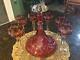 Bohemian Ruby Flash Red Cut To Clear 10 Inch Decanter With Stopper And 6 Goblets