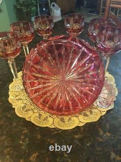 Bohemian Ruby Flash Red Cut To Clear 10 inch DECANTER with stopper and 6 GOBLETS