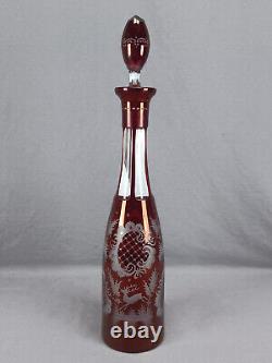 Bohemian Ruby Flashed Towers Stag Birds Scrollwork Cut Glass Decanter C1890-1910