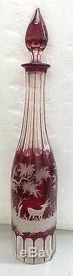 Bohemian Ruby Glass Cut to Clear Moser Etched Decanter Hand Blown Deer's in wood