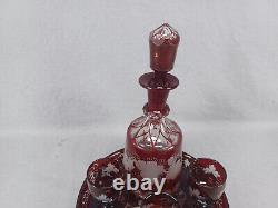 Bohemian Ruby Stained Engraved Grapevine & Honeycomb Cut Liquor Set C. 1870-1880s