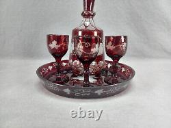 Bohemian Ruby Stained Engraved Grapevine & Honeycomb Cut Liquor Set C. 1870-1880s