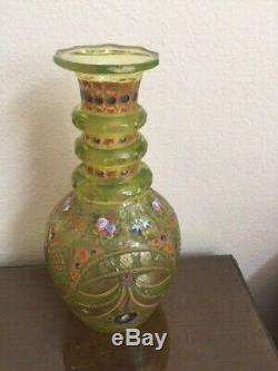 Bohemian Yellow cut glass and enameled antique decanter