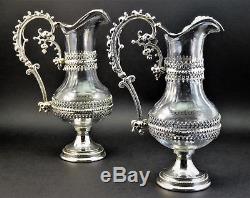 C1890 Pair Antique Italian Solid Silver Mounted Cut Glass Wine Liqueur Decanters