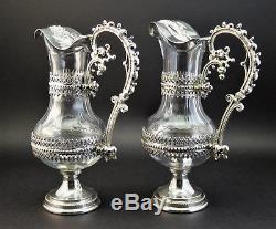 C1890 Pair Antique Italian Solid Silver Mounted Cut Glass Wine Liqueur Decanters