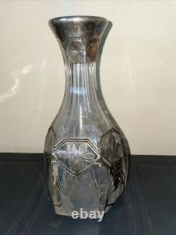 CRYSTAL glass STERLING Silver overlay cut Decanter wine grape vine design 9
