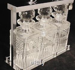 CUT Glass CRYSTAL Chrome TANTALUS Set Whiskey Decanter Engraved Scotch Gin Rye