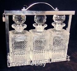 CUT Glass CRYSTAL Chrome TANTALUS Set Whiskey Decanter Engraved Scotch Gin Rye