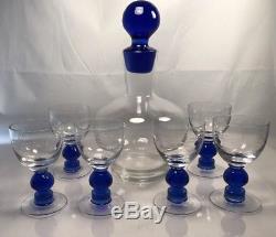 CUT TO CLEAR CRYSTAL DECANTER & 6 Glasses BOHEMIAN VINTAGE COBALT BLUE Etched