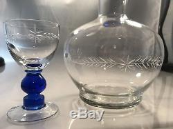 CUT TO CLEAR CRYSTAL DECANTER & 6 Glasses BOHEMIAN VINTAGE COBALT BLUE Etched