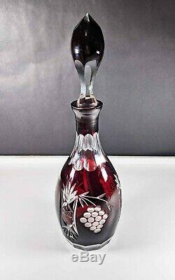 CZECH BOHEMIAN RUBY CUT TO CLEAR CRYSTAL DECANTER GRAPE 14 TALL with Stopper