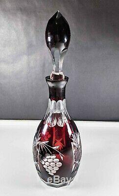 CZECH BOHEMIAN RUBY CUT TO CLEAR CRYSTAL DECANTER GRAPE 14 TALL with Stopper