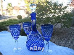 CZECH BOHEMIAN VINTAGE CUT TO CLEAR DECANTER With3 GLASSES AND STOPPER