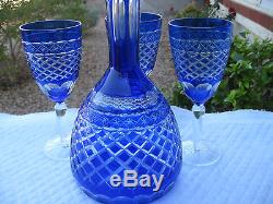 CZECH BOHEMIAN VINTAGE CUT TO CLEAR DECANTER With3 GLASSES AND STOPPER