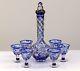Cased Crystal Decanter & 6 Glasses H39cm, Blue Cut To Clear Overlay Russia New