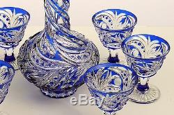Cased Crystal DECANTER & 6 GLASSES h39cm, BLUE Cut to clear overlay RUSSIA New