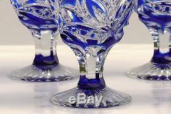 Cased Crystal DECANTER & 6 GLASSES h39cm, BLUE Cut to clear overlay RUSSIA New