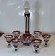 Cased Crystal Decanter & 6 Glasses H39cm Ruby Red Cut To Clear Overlay Russia