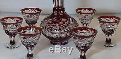 Cased Crystal DECANTER & 6 GLASSES h39cm RUBY RED Cut to clear overlay RUSSIA