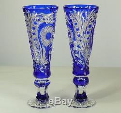 Cased Crystal DECANTER & 6 GOBLETS & TRAY, Cobalt Blue Cut to clear overlay