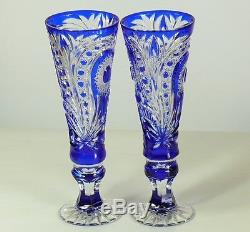 Cased Crystal DECANTER & 6 GOBLETS & TRAY, Cobalt Blue Cut to clear overlay