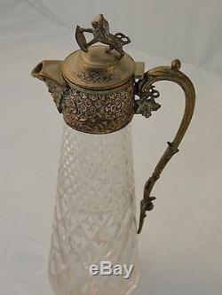 Claret Jug Decanter English C 1920 Cut Glass & Cast Chased Silver Plated Top